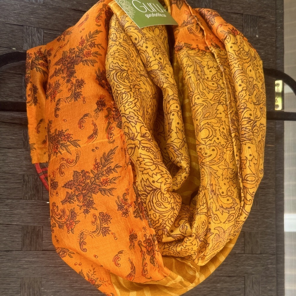 Upcycled Silk Orange and Yellow Infinity Scarf